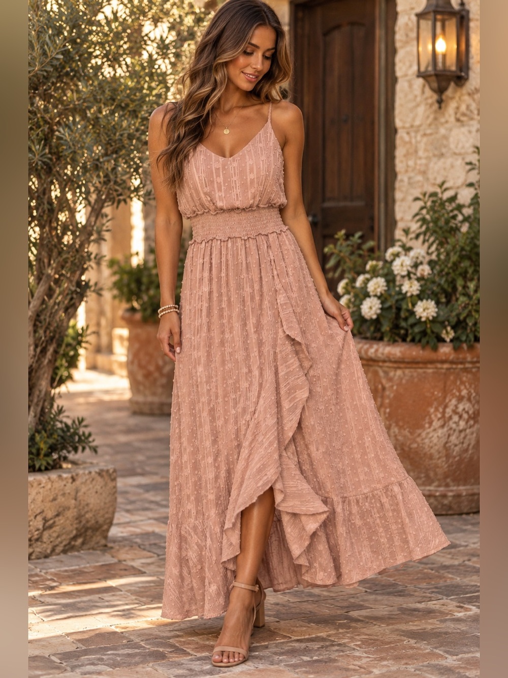 Honey and Rosie Dusty Rose Maxi Dress with Smocked Waist